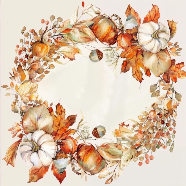 Photo watercolor autumn wreath with pumpkins and leaves