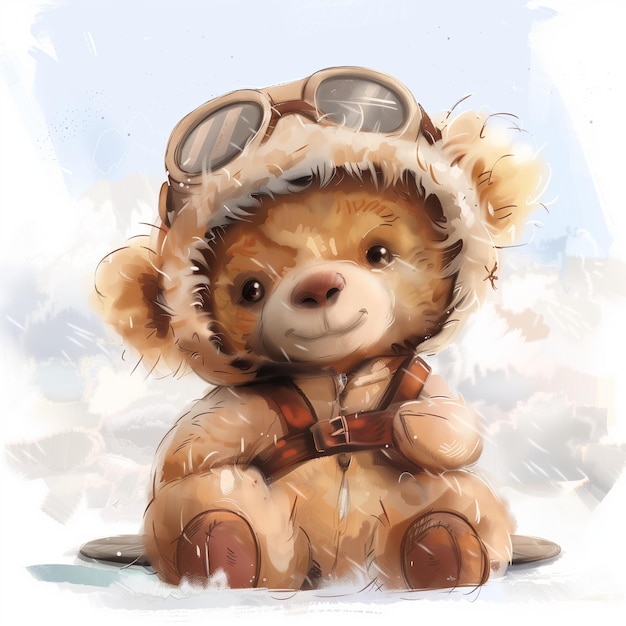 Photo watercolor aviator teddy bear illustration