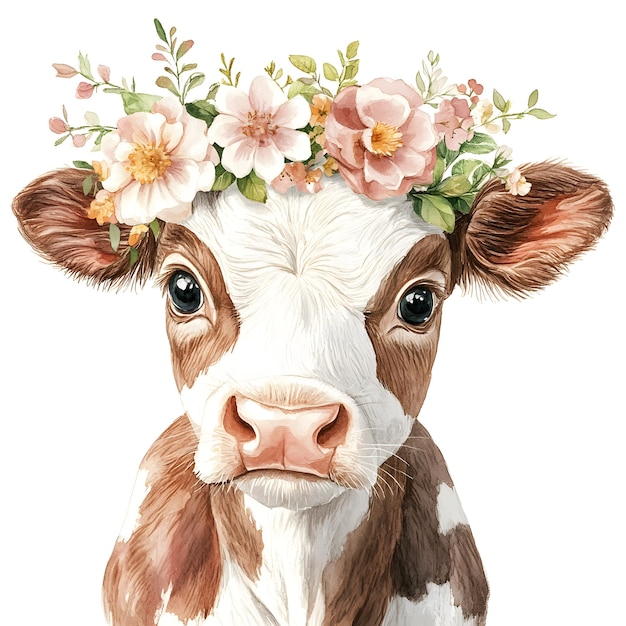 Photo watercolor baby animals nursery nursery decor wall art digital art cow with flowers floral