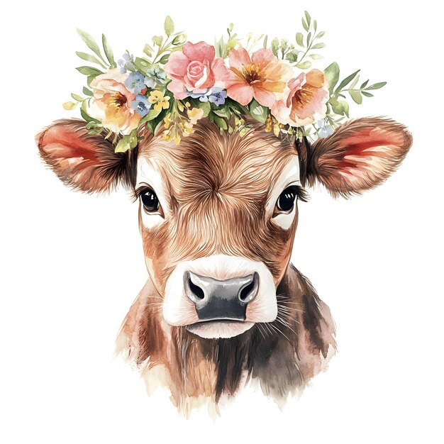 Photo watercolor baby animals nursery nursery decor wall art digital art cow with flowers floral