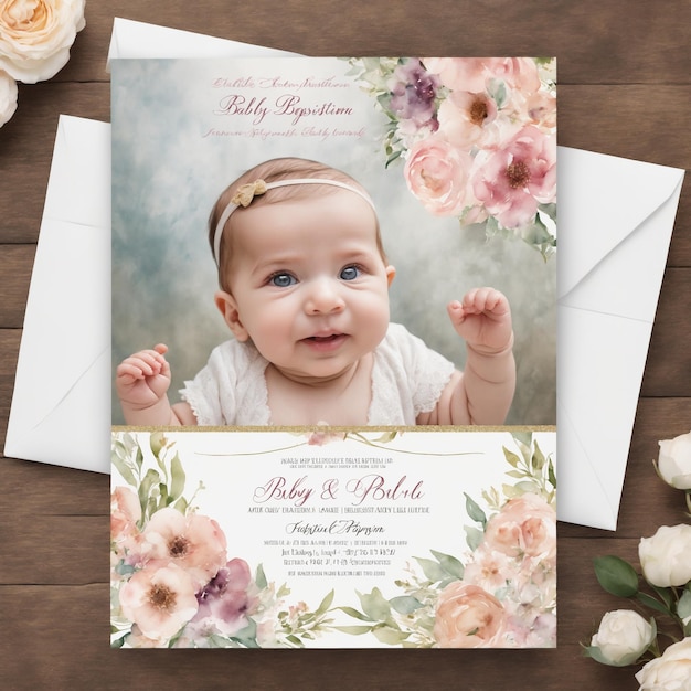 Photo watercolor baby girl baptism family invitation template