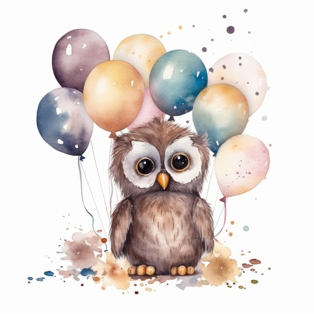 watercolor baby owl with balloons