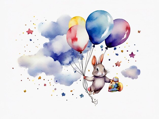 Photo watercolor baby rabbit flying with balloons on clouds and stars