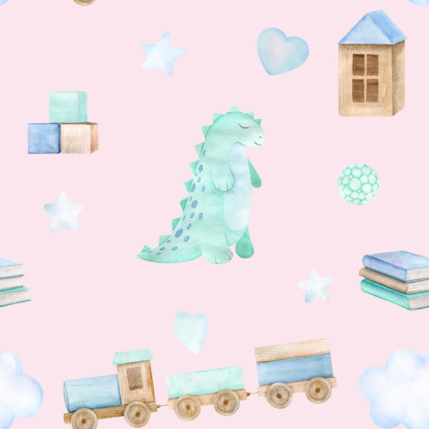 Watercolor baby seamless pattern with toy mint dinosaur clouds and stars