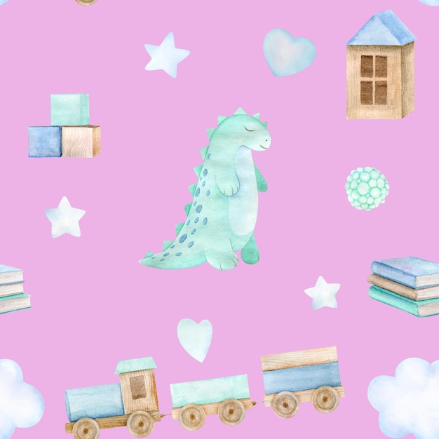 Watercolor baby seamless pattern with toy mint dinosaur clouds and stars