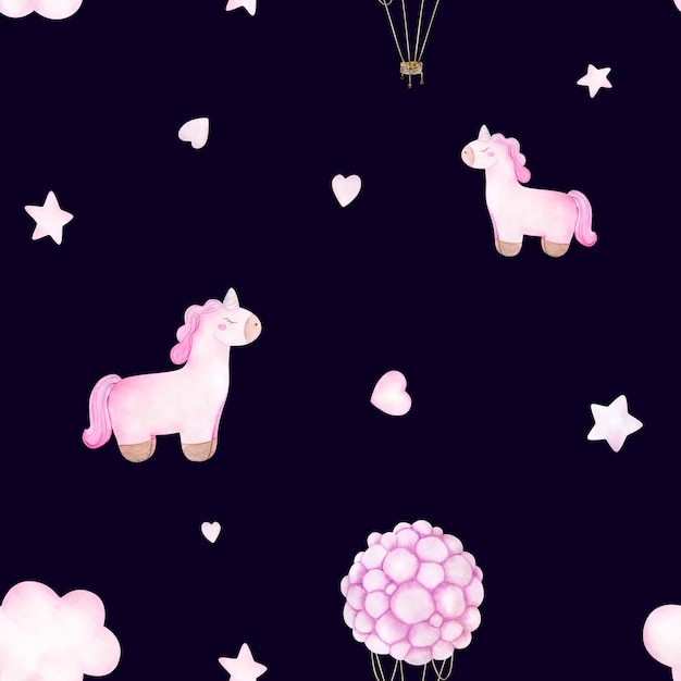 Watercolor baby seamless pattern with toy pink unicorn hot air balloon clouds and stars