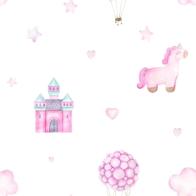 Watercolor baby seamless pattern with toy pink unicorn hot air balloon clouds and stars