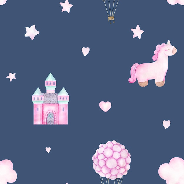 Watercolor baby seamless pattern with toy pink unicorn hot air balloon clouds and stars