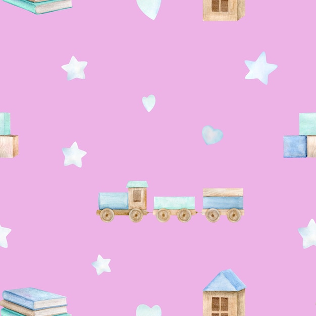 Watercolor baby seamless pattern with toy wooden train house clouds and stars