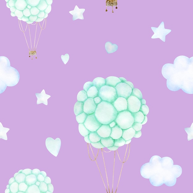 Watercolor baby seamless pattern with turquoise balloon clouds and stars