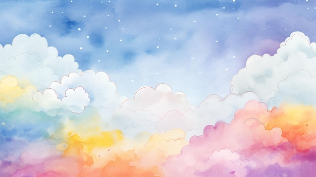 Watercolor Background with Clouds and Rainbow