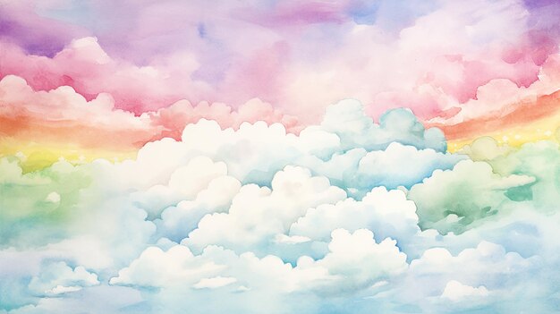 Watercolor Background with Clouds and Rainbow