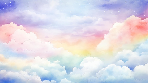 Watercolor Background with Clouds and Rainbow