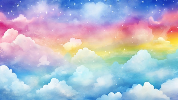 Watercolor Background with Clouds and Rainbow