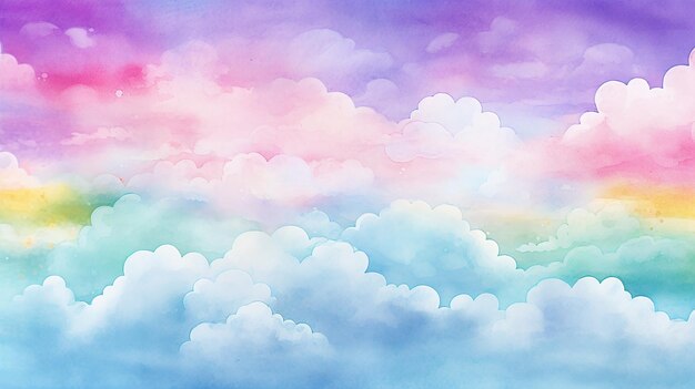 Watercolor Background with Clouds and Rainbow