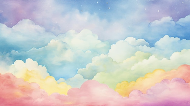 Watercolor Background with Clouds and Rainbow