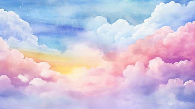 Watercolor Background with Clouds and Rainbow