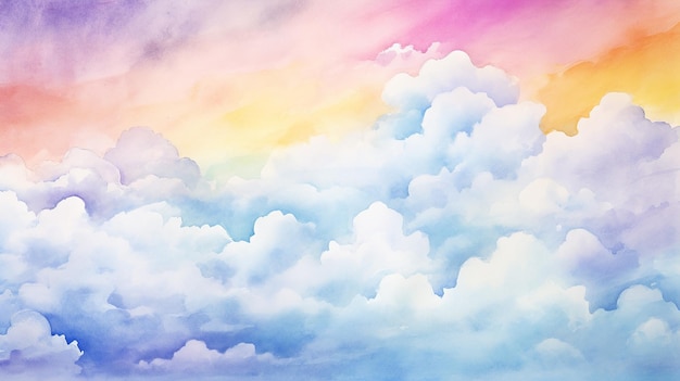 Watercolor Background with Clouds and Rainbow