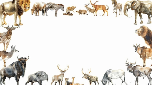 Photo watercolor background with copy space in the center a blank for ad or text wild animals