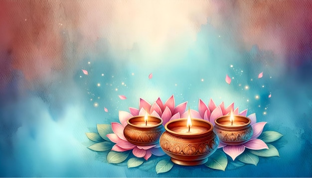 Watercolor background with diya lamps and lotus flowers