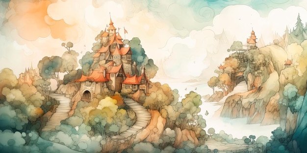 watercolor background with a whimsical and fairytalelike theme perfect for children's book illustrations or magical storytelling Generative AI