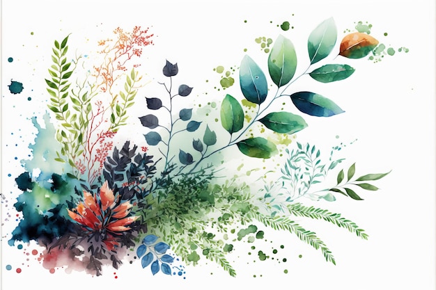 watercolor of background with white center, with made with leaves and foliage of flowers and plants