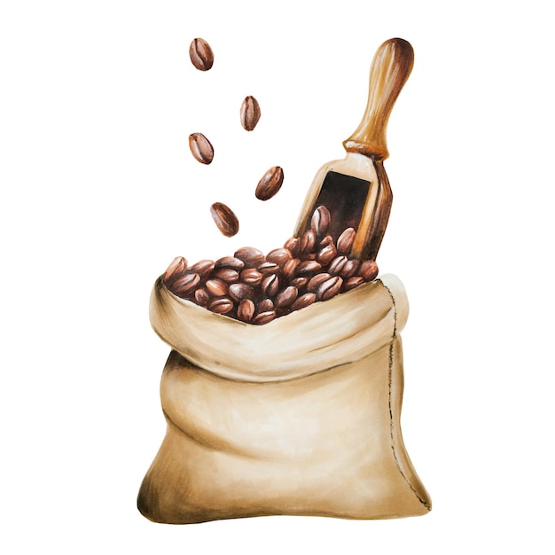 Watercolor bag of coffee beans illustration Hand painting on a white isolated background For designers menu shop bar bistro restaurant for postcards wrapping paper covers For posters and textile