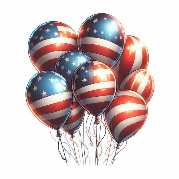 watercolor Balloons with the colors of the american flag are flying in the air illustration