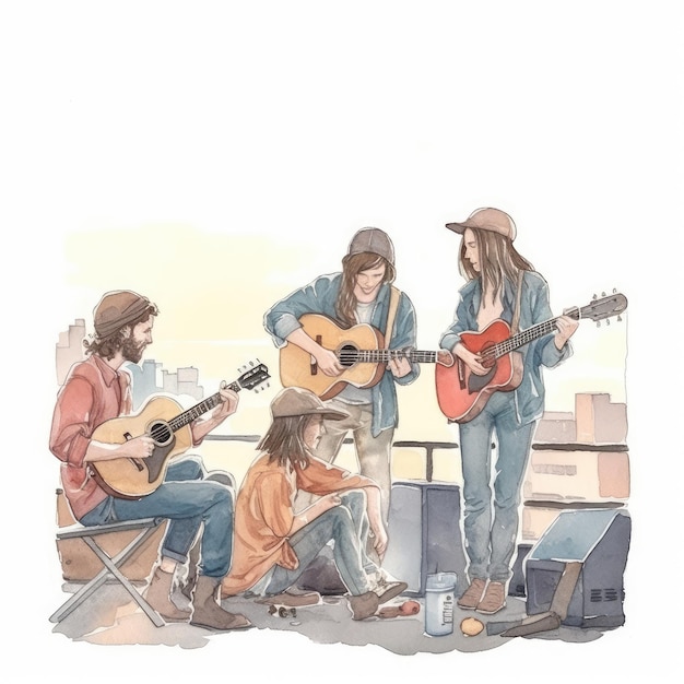 Watercolor a band playing on a rooftop