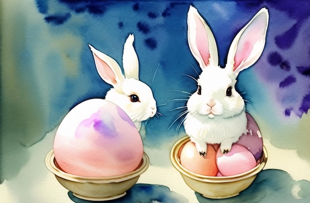 Watercolor banner Easter bunny Eggs farm Landscape illustration Holiday Celebration AI Generated