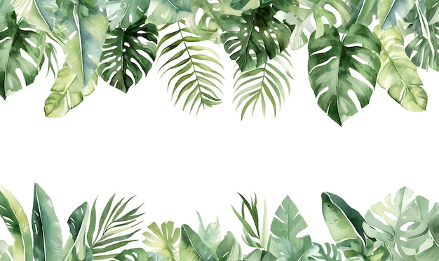 Watercolor banner tropical leaves and branches isolated