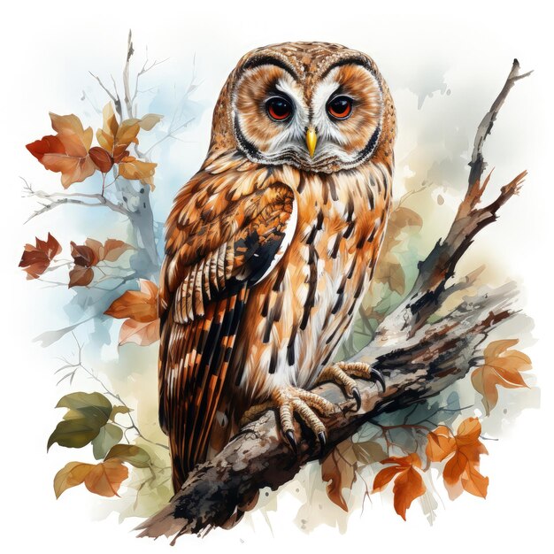 Photo watercolor barred owl illustration generative ai