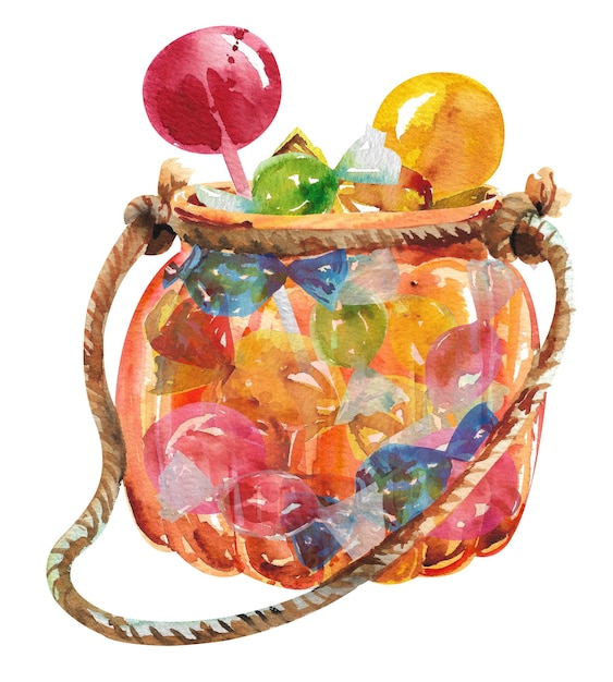 Watercolor basket for sweets Orange glass basket on a string for collecting candies for Halloween