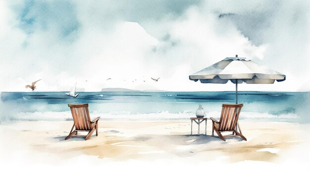 Watercolor Beach Banner Tropical Art Summer Vacation Sand Sea amp Sky Two Chairs and Umbrella