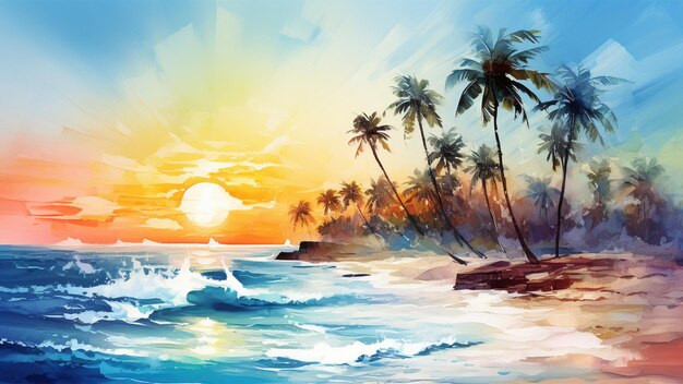 Watercolor beach sunsets Background gradient landscape dynamic cover with waves generative ai