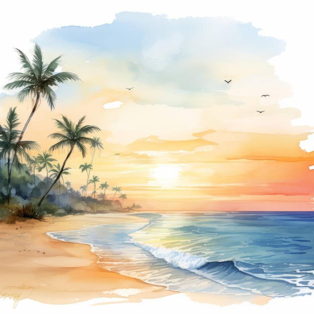 Watercolor Beachscape Serene Sunrise At Palm Tree Beach