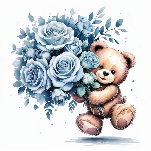 watercolor bear carrying a bouquet of blue roses