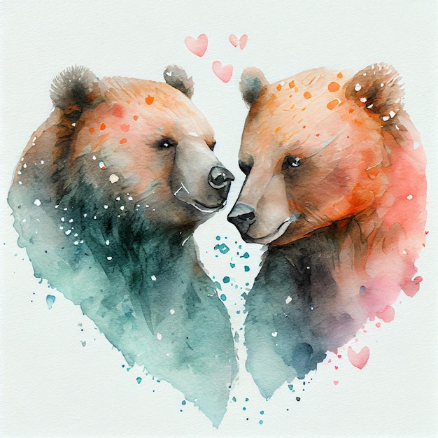 Watercolor bear couple in love with hearts valentine's day card illustration