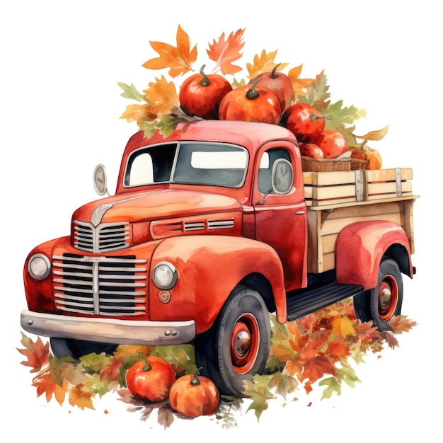 Watercolor beautiful autumn truck Illustration Generative Ai