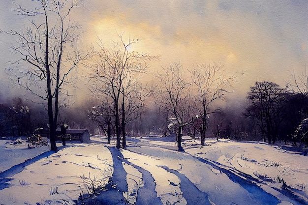 Watercolor of a beautiful christmas winter landscape watercolor winter landscape