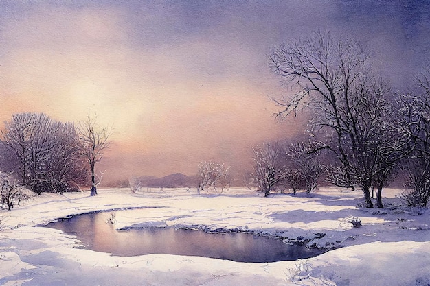 Watercolor of a beautiful christmas winter landscape watercolor winter landscape