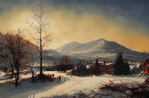 Watercolor of a beautiful christmas winter landscape watercolor winter landscape