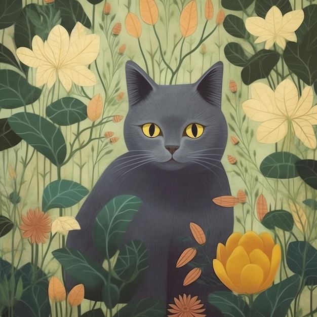 Watercolor beautiful Cute Cat in Flowers