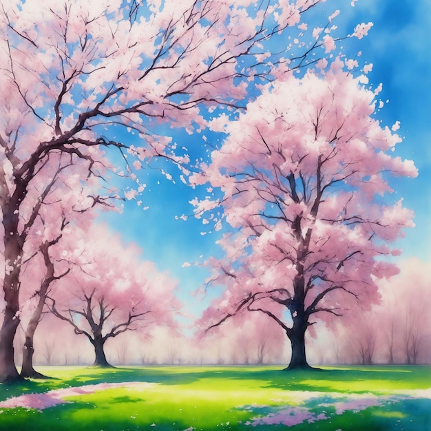 Watercolor beautiful park landscape view of pink cherry blossom tree and grass ground blue sky created with generative AI technology