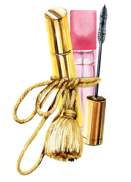 Watercolor beauty objects tied with a golden cord cosmetic set golden mascara pink perfume bottle bl