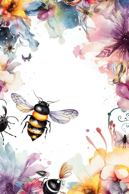 Watercolor bee and flowers on a white background