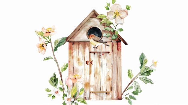 Watercolor Birdhouse with Flowers