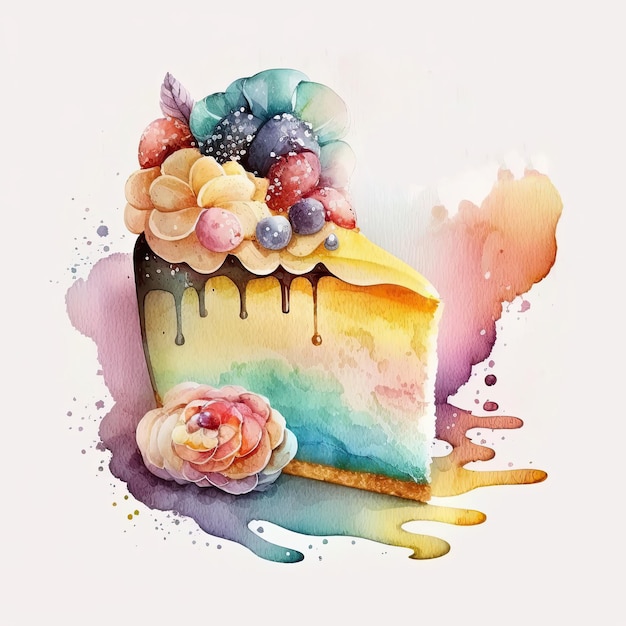 Watercolor Birthday Cake Illustration AI Generative