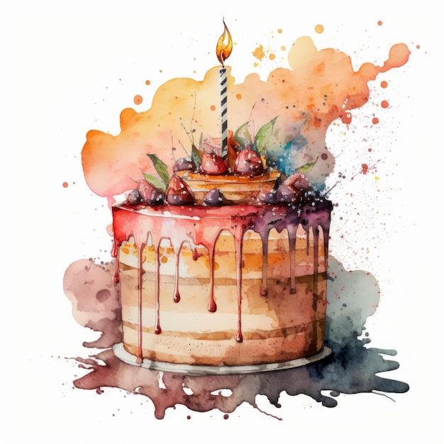 Watercolor Birthday cake isolated Illustration AI GenerativexA