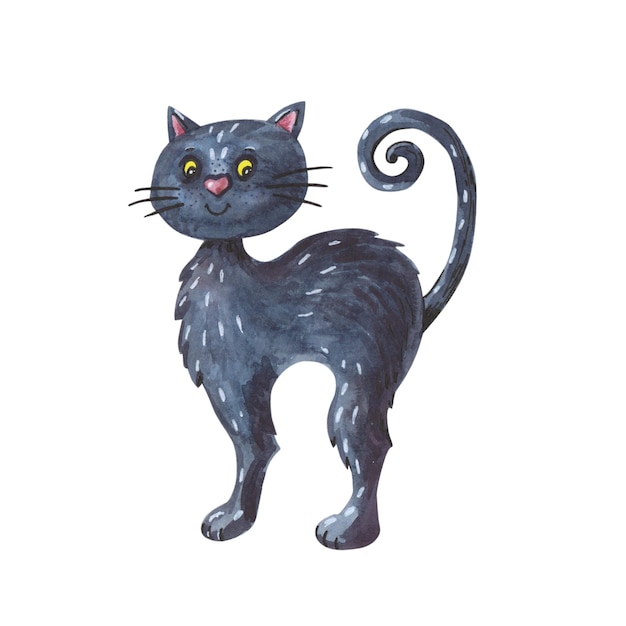 Watercolor black cat Halloween illustration of cute animal on white